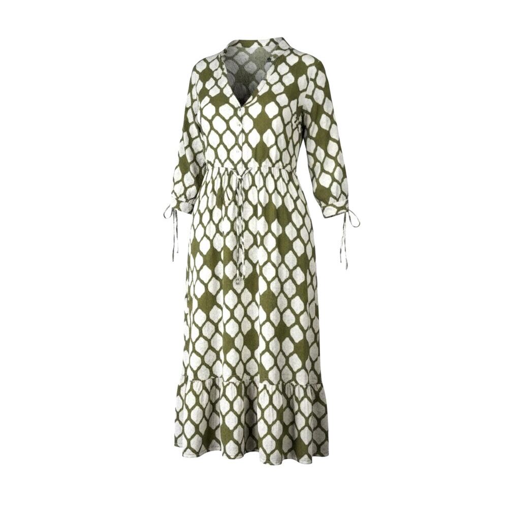 Mlle Gabrielle Green White Ikat Midi Dress Women's Made in India Boho - Medium